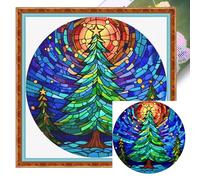 Stain Glass Stamped Cross Stitch Kits - Colorful Printed Easy Pattern Needlepoint Kits Embroidery Crafts for Adults Beginners Gift 40x40cm/16x16 Inch-Christmas Tree