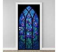 Stained Glass 3D Door Stickers Self Adhesive, Purple Irises Floral Wallpaper Peel and Stick, Gothic Arched Church Style Door Murals, PVC Waterproof Door Decal for Bedroom Living Room 77x200 cm O4d111
