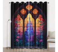 Stained Glass 3D Print Blackout Curtains 90 Inches Long, Castle Rose Floral Eyelet Curtains, Thermal Insulated Energy Saving for Living Room Bedroom Window Privacy Drapes 2 Panels Home decor, Orange