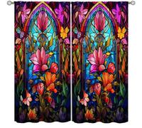 Stained Glass Abstract Flowers Curtains，Mid Century Vintage Bohemian Design Abstract Flowers Curtain for Bedroom Living Room Home Drapes Set 2 Panels,55x63 Inches