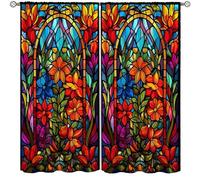 Stained Glass Abstract Flowers Curtains，Mid Century Vintage Bohemian Design Curtain for Bedroom Living Room Home Drapes Set 2 Panels,55x63 Inches