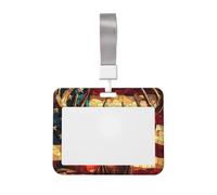 Stained Glass American Flag Deer Sliding Id Badge Holder Hard Plastic Work Card Case Name Tag Protector for Nurses Office