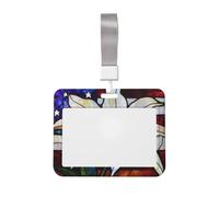 Stained Glass American Flag White Flower Sliding Id Badge Holder Hard Plastic Work Card Case Name Tag Protector for Nurses Office