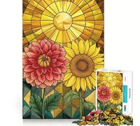 Stained Glass Artwork A Sunflower Dahlia 1000 Piece Jigsaw Puzzles for Adults Jigsaw Strong Logic Toy Group Play Clear Edge Perfect Present 50x75cm