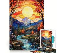 Stained Glass Autumn Landscape with River 1000 Pieces Jigsaw Puzzles for Adults Thought Toy Calming Play Precise Edge Heartfelt Gift 50x75cm