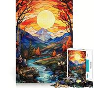 Stained Glass Autumn Landscape with River 1000 Pieces Jigsaw Puzzles for Teenagers Boost Memory Stress Release Premium Cut Cherished Gift 38x26cm