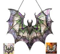 Stained Glass Bat Hanging Decoration with Chain,Acrylic Hanging Window Decor,Gothic Han/ging Bat De/cor with Colorful Glass Wings,Purple B/at Halloween Decorations,Multipurpose Gothic Home Wall De/cor