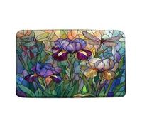 Stained Glass Bath Mat Artistic Iris Dragonfly Purple Floral Green Leaves Abstract Nature Plant Spring Summer Bathroom Rug Microfiber Memory Foam Shower Mat Kitchen Bath Floor Rugs, 18x30 Inch