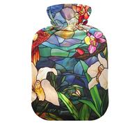 Stained Glass Beautiful Birds Colorful Orchids Flowers hot Bottle Water Bag with Soft Cover, 2L hot Water Bag for Sore Muscle, Sore Muscle, Sore Muscle
