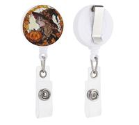 Stained Glass Beautiful Witch Pumpkins Retractable Badge Holder Reel Clip ID Card Holder for Doctor Nurse Student Office Worker
