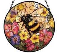 Stained Glass Bee Suncatcher - 7.87 Inch Hand Painted Window Hanging with Chain, Stained Glass Floral Wall Decor for Family Friends - Gift for Mom, Grandma, Wife, Best Friend