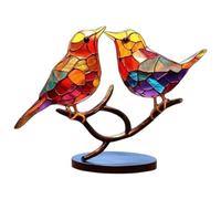 Stained Glass Birds on Branch Colorful Lifelike 2 Birds Stained Glass Decor with Base Creative Bird Decor for Home, Tabletop, Shelf