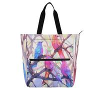 Stained Glass Birds on Branch Glass Shiny Books Totes Book Bag for Kids Adults Water-resistant Reusable Book Bag Grocery Bag with Zipper for School Work Travel Rainbow