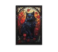 Stained Glass Black Cat with Red Roses Animal Poster, Artistic Decor, Home Wall Art Artistic Wall Mural Modern Hanging Decor Poster08x12inch(20x30cm)