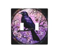 Stained Glass Black Crow On Cherry Branch Double Gang Toggle Light Cover Wall Plate Switch Decor Standard Size - 11.4x11.4cm