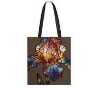 Stained Glass Bloom Flower Handbag Lightweight All-Over Print Tote Bag, Reusable Foldable Shopping Bag, Portable Washable Handbag for Daily Travel Grocery Beach
