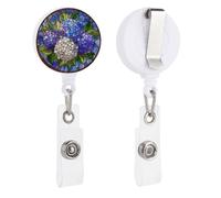 Stained Glass Blue and White Hydrangea Flowers Retractable Badge Holder Reel Clip ID Card Holder for Doctor Nurse Student Office Worker