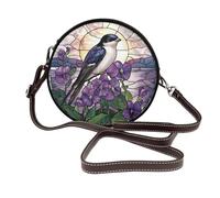 Stained Glass Blue Bird Sunset Flowers Women Round Crossbody Bags Leather Sling Bag Purse