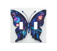 Stained Glass Blue Butterfly Double Gang Toggle Light Cover Wall Plate Switch Decor Standard Size - 11.4x11.4cm