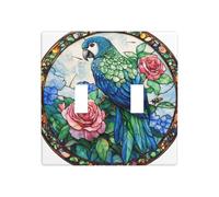 Stained Glass Blue-Green Parrot Roses Double Gang Toggle Light Cover Wall Plate Switch Decor Standard Size - 11.4x11.4cm