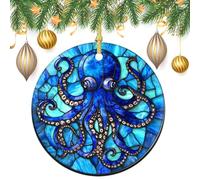 Stained Glass Blue Octopus Christmas Tree Hanging Ornaments,2 Pieces, 7.2CM Round Double-Sided