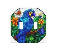 Stained Glass Blue Parrot Double Gang Toggle Light Cover Wall Plate Switch Decor Standard Size - 11.4x11.4cm