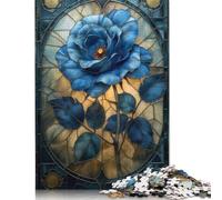 Stained Glass Blue Rose Jigsaw Puzzles Puzzle for Adults Kids. 1000 Pieces Whimsical Challenge Toy Educational Games Home Decoration for Adults& Kids Age 14 Years Up 1000pcs (38x26cm)