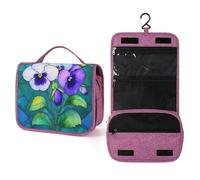 Stained Glass Blue Violet Pansies Travel Toiletry Bag for Women,Hanging Makeup Organizer with Hook for Shampoo