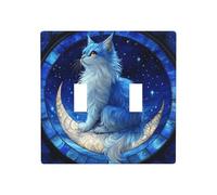 Stained Glass Blue White Cat Crescent Moon Double Gang Toggle Light Cover Wall Plate Switch Decor Standard Size - 11.4x11.4cm