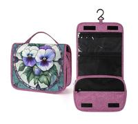 Stained Glass Blue White Violet Pansies Travel Toiletry Bag for Women,Hanging Makeup Organizer with Hook for Shampoo