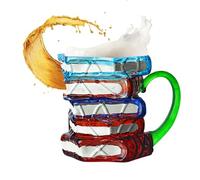 Stained Glass Book Mug, Colorful Stacked Books Design, Ceramic Hot Cold Beverage Cup, Pink, Blue, Green, Transparent, Comfortable Handle, Standard Size, Gift for Readers Writers Charming Celebration