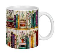 Stained Glass Bookshelf Art Coffee Mug, Elegant Book Lover Illustration Ceramic Cup, Cozy Reading Aesthetic Mug, Gift for Book Lovers Readers Home Office Friends