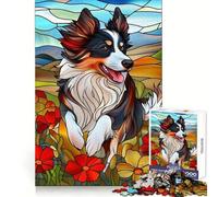 Stained Glass Border Collie Jigsaw Puzzles for Adults 1000 Pieces Pure Logic Toy Stress Free Sharp Cut Santa Wish Item 38x52cm