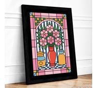 Stained Glass Bouquet Art Deco Framed Wall Art Print A1 (84.1×59.4cm) Black, Wall Decor for Living Room, Bedroom, Office & Home, Ready to Hang, Art Gift