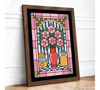 Stained Glass Bouquet Art Deco Framed Wall Art Print A2 (59.4×42cm) Walnut, Wall Decor for Living Room, Bedroom, Office & Home, Ready to Hang, Art Gift