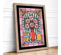 Stained Glass Bouquet Art Deco Framed Wall Art Print A4 (29.7×21cm) Oak, Wall Decor for Living Room, Bedroom, Office & Home, Ready to Hang, Art Gift