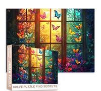 Stained Glass Butterfly Window Puzzle 1000 Pieces Enchanted Forest Fantasy Digital Art 50x70cm Challenging Family Activity Games Colorful DIY Craft Puzzle for Home Decor Gifts