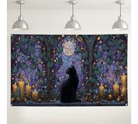 Stained Glass Cat Wall Backdrop, Vintage Gothic Floral Design for Halloween Party Decorations, Indoor/Outdoor Photo Booth Background 71x43 Inch