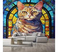 Stained Glass Cat Wallpaper, Animal Pet Cut Wall Mural, Wallpaper for Bedroom Living Room, Home Decor, Photo Wall Paper, 260 x 175 cm L&OP160