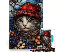 Stained Glass Cat with Red Hat 1000 Pieces Jigsaw Puzzles for Teenagers Brain Skill Leisure Time Exact Edge Thoughtful Gift 50x75cm