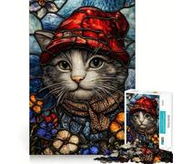 Stained Glass Cat with Red Hat Adults Puzzles 1000 Piece Jigsaws Mind Exercise Toy Relaxed Mind Design Assembly Santa Wish Gift 38x26cm