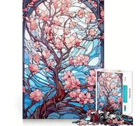 Stained Glass Cherry Blossom 1000 Piece Jigsaw Puzzles for Adults Jigsaw Strong Logic Toy Group Play Clear Edge Perfect Present 38x26cm