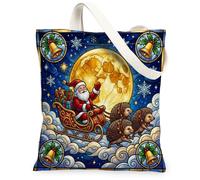 Stained Glass Christmas Hedgehog Sledding Canvas Tote Bag for Shopping 13x15, Xmas Santa Reusable Grocery Print Pattern Bag for Women, Weid Aesthetic Painting Gift Decor