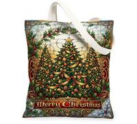 Stained Glass Christmas Tree Canvas Tote Bag 13x15 Inch | Stained Glass Art, Holly And Berry Accents, Traditional Holiday Theme, Seasonal Home Decor, Lightweight Fabric