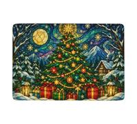 Stained Glass Christmas Tree in Forest Area Rug 150 x 100 cm, Soft Non Slip | Bedroom rug as a housewarming gift, soft underfoot feel; for bedroom and living room