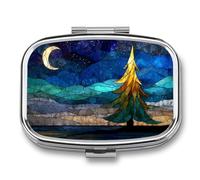 Stained Glass Christmas Tree in Moonlight Pill Box 2 Compartment Portable Medicine Pill Case Travel Pill Organizer for Pocket Purse