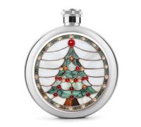 Stained Glass Christmas Tree with Beads Stainless Steel Hip Flask for Liquor, Round Pocket Portable Wine Flask for Drink 5 Oz