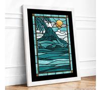 Stained Glass Coastal Framed Wall Art Print A2 (59.4×42cm) White, Wall Decor for Living Room, Bedroom, Office & Home, Ready to Hang, Art Gift