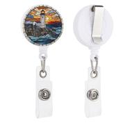 Stained Glass Coastal Lighthouse at Sunset Retractable Badge Holder Reel Clip ID Card Holder for Doctor Nurse Student Office Worker
