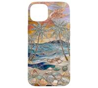 Stained Glass Coastal Seashell Palm Tree Art Case for iPhone 15 Plus